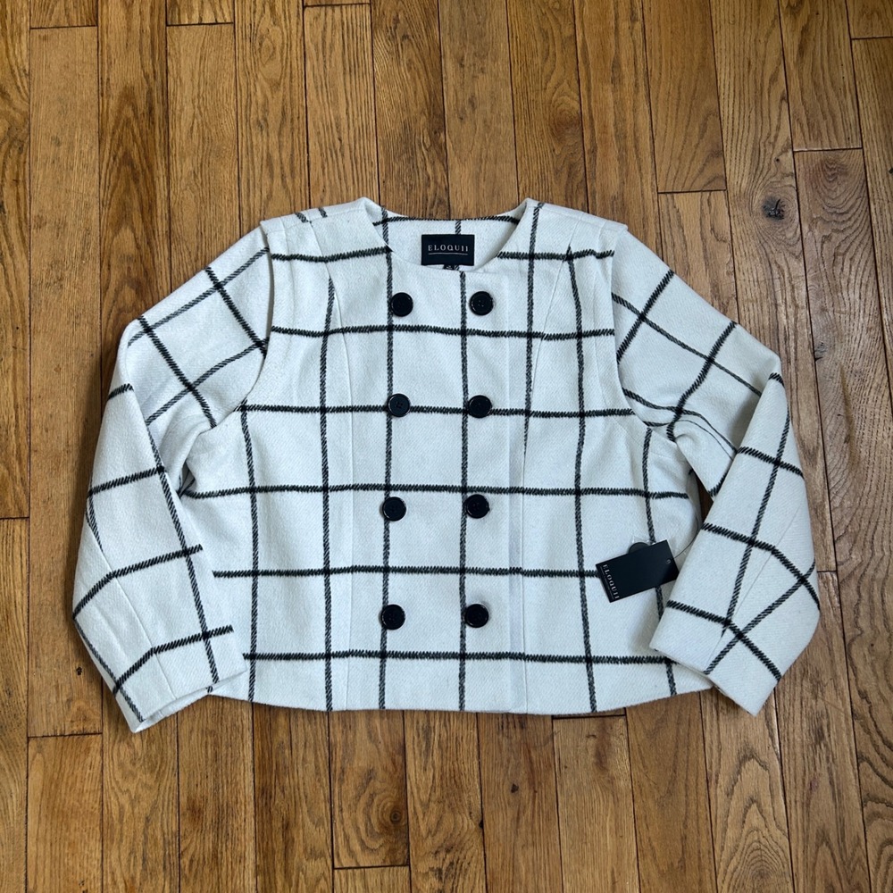 New Eloquii White Black Windowpane Plaid Cropped Double Breasted Jacket 18